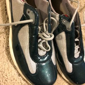 Worn Prada sneakers. patten leather teal sneakers